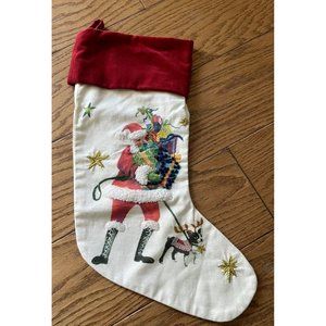 Pottery Barn Jolly Christmas Stocking Santa Tree Terrier Dog Presents Stars Red